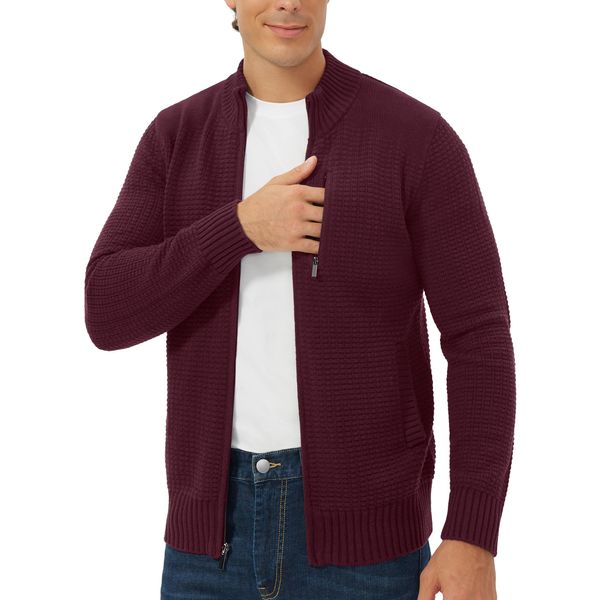 Pioneer Camp Men's Full Zip Up Cardigan Sweater Stand Collar Regular Fit Chest Pocket Knit Sweaters Casual 3 Pockets （Burgundy;XL）