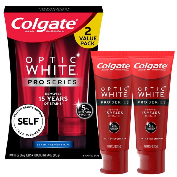 Colgate Optic White Pro Series Whitening Toothpaste with 5% Hydrogen Peroxide, Stain Prevention, 3 oz Tube, 2 Pack