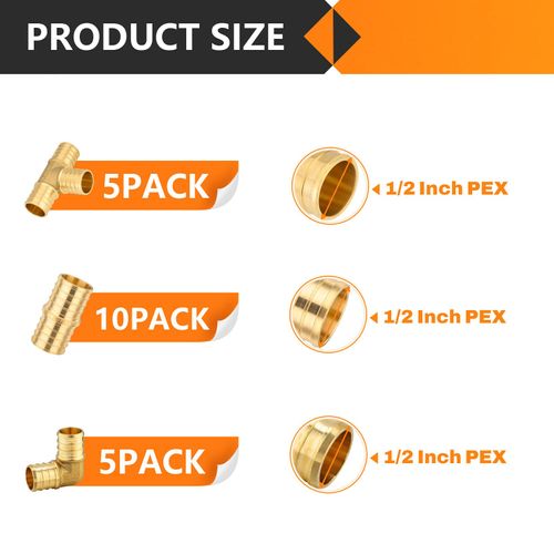 20-Pack HeSun 1/2-Inch PEX Fitting Combo, Brass Crimp Fitting with 10 Pcs Elbows, 5 Pcs Couplings, 5 Pcs Tees, ASTM F1807 (1/2", 20 Pcs)
