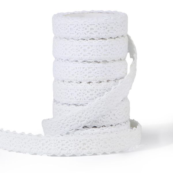 6 Rollen 10,9 m selbstklebend Spitzenband Baumwolle Stoff Spitze Vintage Zierband für Handwerk Hochzeit Geburtstag Dekoration DIY Basteln Scrapbooking Deko Spitzenborte Dekoband Bordüre (Weiß)