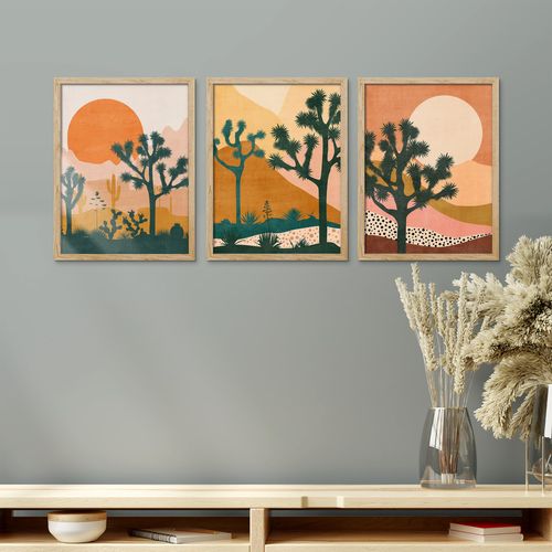 SIGNWIN Framed Poster Boho Prints Wall Art, Joshua Tree Art Prints Large Boho Wall Art Set Minimalist Modern Mid Century Abstract Desert Cactus Art for Bedroom - 11"x14"x 3 Natural