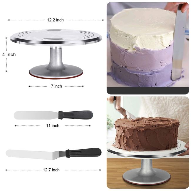 11 Inch Rotating Cake Turntable with 2 Icing Spatula and 4 Icing Smoother,  Revolving Cake Stand White Baking Cake Decorating Supplies(Total 7 PCS)