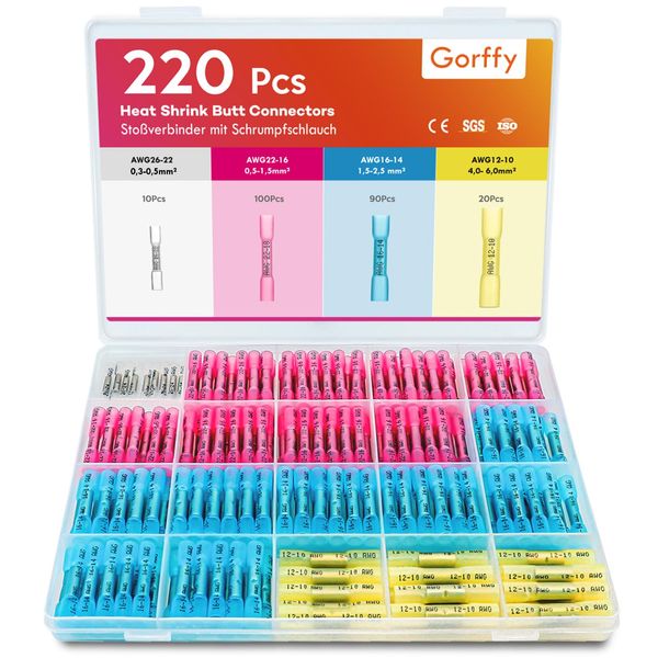 Gorffy Heat Shrink Butt Connectors, 220 PCS Crimp Connectors, 26-10 AWG Wire Connectors Heat Shrink, Wire Crimp Connectors Marine Grade Butt Terminals(Blue/Red/Yellow/White)