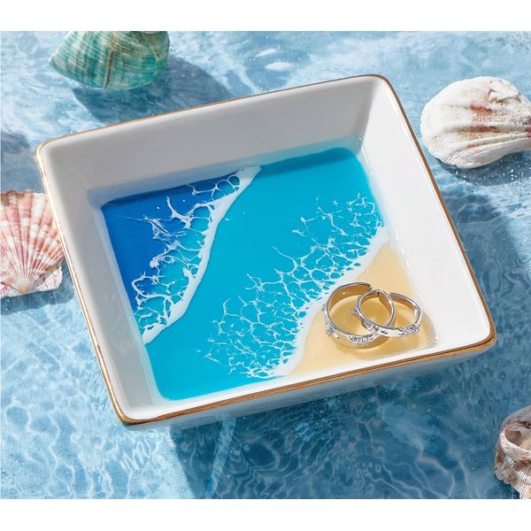 Ocean Jewelry Trinket Ring Dish Tray, Coastal Beach Room Decor, Hawaiian Beach Ocean Gifts for Women, Ceramic Handmade Resin Engagement Wedding Ring Holder Plate, Birthday Mother's Day