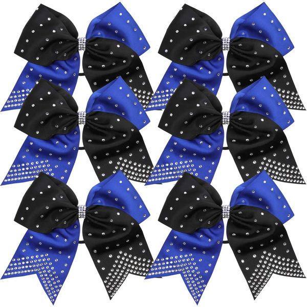 8 Inch 2 Colors Cheerleader Bows Ponytail Holder with Bling Fling Rhinestones Hair Tie Cheerleading Bows 6 Pcs (Royal Blue/Black)