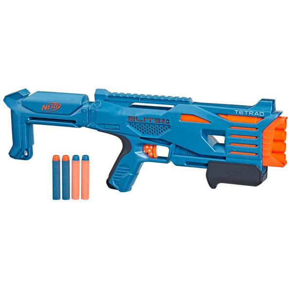 NERF Elite 2.0 Tetrad QS-4 Blaster, Includes 4 Elite Darts, 4-Barrel Blasting, Tactical Rail for Customizing Capability, Pump Action