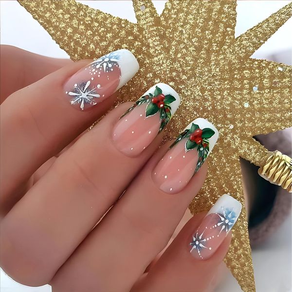 Christmas White Pink False Nails,Short French Press on Nails with Fireworks Christmas Holly, Removable Glue-on Nails, Acrylic Full Cover Fake Nails for Women Girls Nail Art Accessories, 24pcs(CY866)