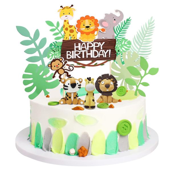 Tocwick 11Pcs Jungle Animal Cake Toppers For Tiger Giraffe Lion Theme Party, Happy Birthday Toppers Cupcake Decoration for DIY Dessert Cake Decoration Supplies