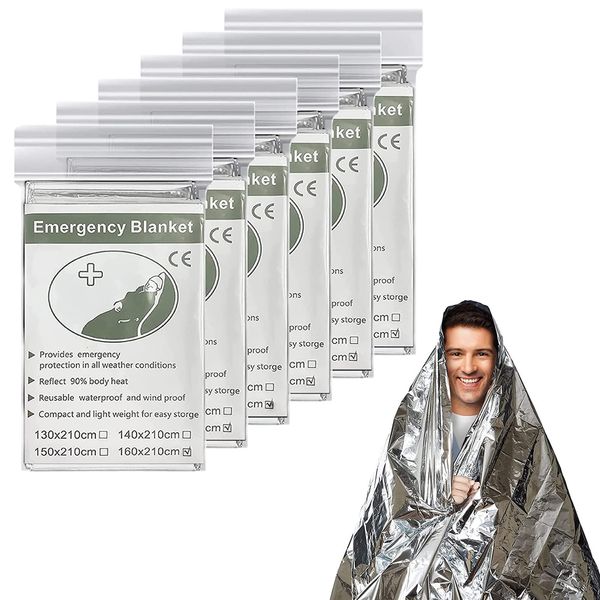 Emergency Blanket (6-Pack) ,Emergency Foil Blanket– 83" x 63" (210 x 160 cm) Survival Reflective Thermal Blanket Perfect for Outdoors, Hiking, Survival, Marathons or First Aid, Emergency Supplies