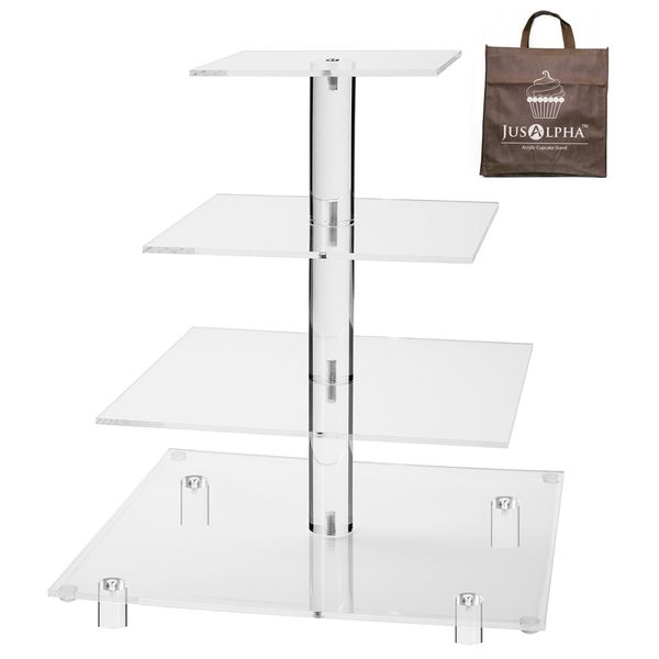 Jusalpha® Large 4 Tier Square Acrylic Cupcake Tower Stand for Dessert, Pastry, Serving Platter-Candy Bar Party Décor and Supply(with Rod Feet) (4SF-V2)