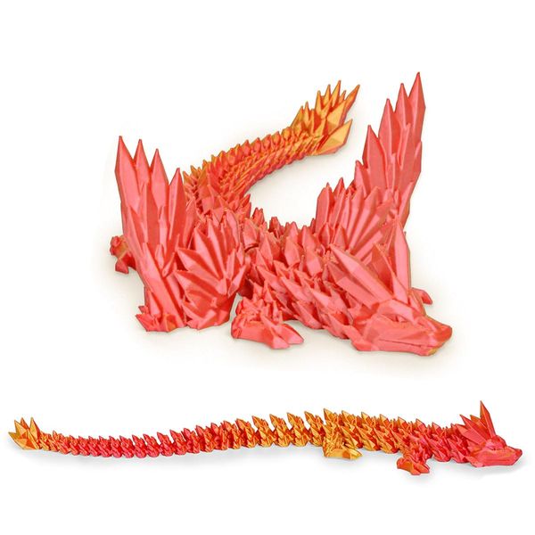 12“Crystal Dragon Without Wings & 9”Winged Articulated Dragon, 3D Printed Bulk Unique Funny Graduation Gifts for Kids, Executive Desk Fidget Toys Adults, Bath Pool water Toys (Gradient Orange-Red)