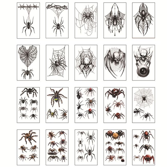 Nirbffo Pack of 20 Spiders 3D Temporary Tattoos Scary Black Stickers Spider Tattoos Horror Scary Halloween Make-Up for Halloween Costume Party 7.6 x 12 cm