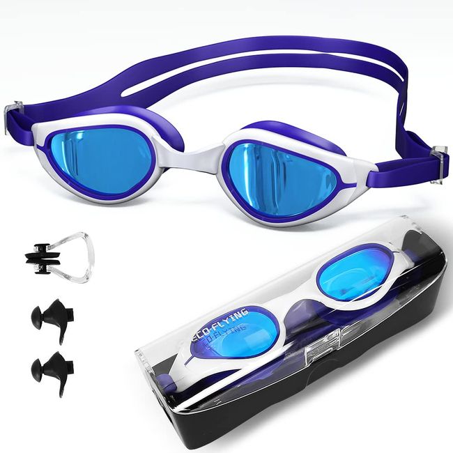 eECO-FLYING Schwimmbrille, Anti-Beschlag, UV-Schwimmbrille für Erwachsene, Damen, Herren, kein Auslaufen, Weitsicht, Schwimmbrille mit Nasenclips, Ohrstöpsel (blau)