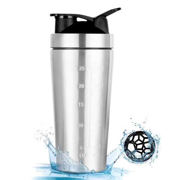 EACHPT Protein Shaker Bottle 750ML | Silver | Stainless Steel Metal| BPA Free| with Mixing Ball | Leakproof - Perfect for Protein Shakes and Smoothies | Gym Fitness Supplement Shakers Bottle