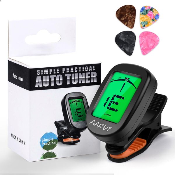 Clip On Guitar Tuner for All Instruments, Acoustic/Electric Guitar, Ukulele, Bass, Violin, Banjo, Large Clear LCD Display for Guitar Tuner, Chromatic Tuner, 4 Pack Guitar Picks Included