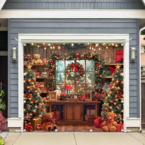 ZTHMOE 1PC 8x7ft Christmas Garage Door Banner Decorations Rustic Window Wooden Room Xmas Tree Photography Backdrop Home New Year Wall Cover Holiday Party Supplies