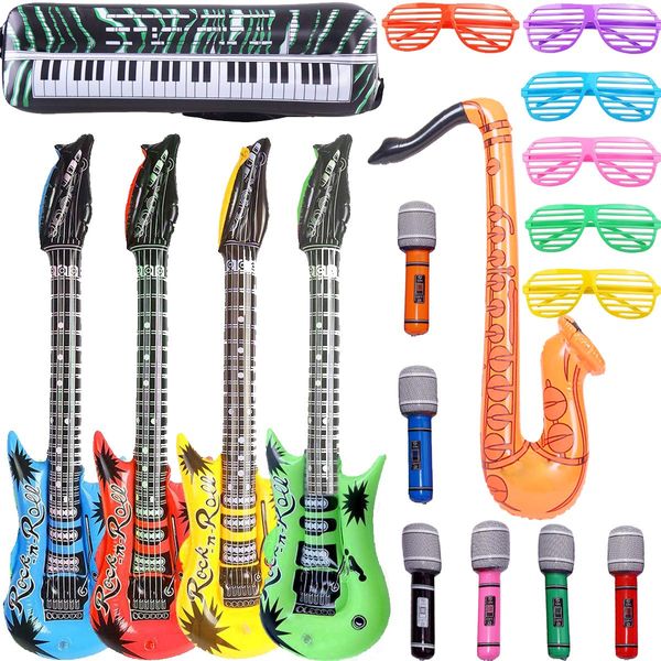 GuassLee Inflatable Rock Star Toy Set, 18 Pack Inflatable Party Props - 4 Inflatable Guitar, 6 Microphones, 6 Shutter Shading Glasses, 1 Saxophone and 1 Inflatable Keyboard Piano Inflatable Rock toys