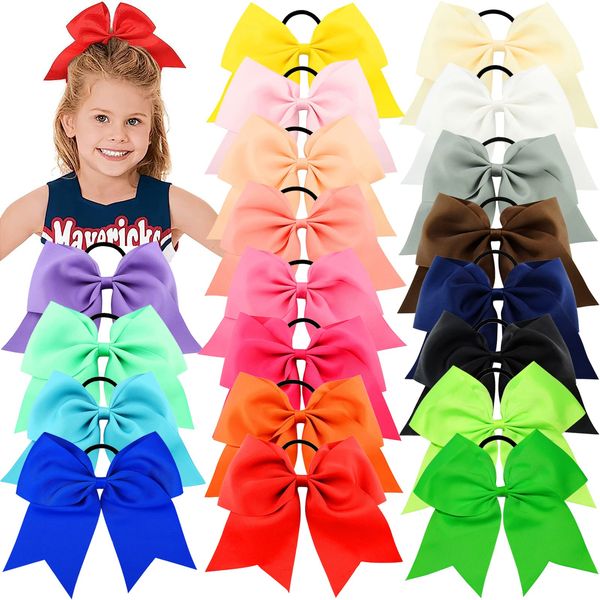 WillingTee 20Pcs 8" Large Cheer Bows for Girls Ponytail Holder Grosgrain Ribbon Cheerleading Bows Elastic Hair Tie Bands for Baby Girls School Colleage Teens Senior Cheerleader