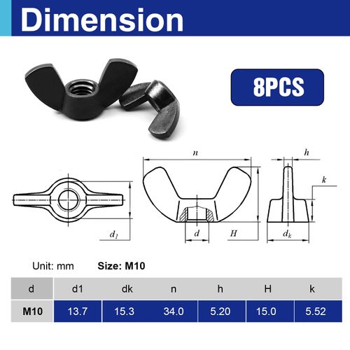 8PCS M10 Metric Wing Nuts kit, Zinc Plating-Black Wing Nuts Butterfly Fasteners, Hand Twist Tighten Ear Butterfly Nut Kitfor Easy Assembly and Secure Fit Furniture