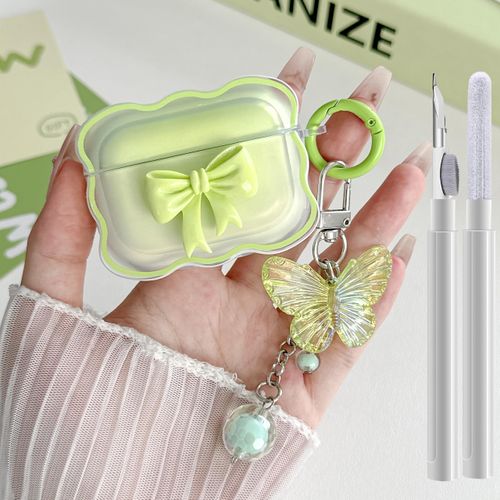 Compatible with AirPods Pro 2/1 Clear Case Cute, 3D Bow Pattern Desiged iPods Pro 2 Cases with Butterfly Keychain, Soft TPU Protective Case and Cleanner Kit for Airpod Pro for Girls Women Green