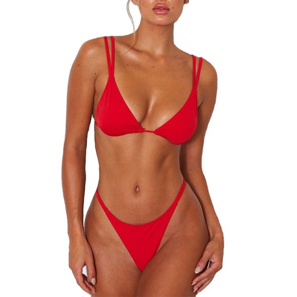 Women's High Cut Thong Bikini Low Triangle Swimsuit Padded Swimwear Adjustable Strap Sexy 2PCS Beachwear Red S