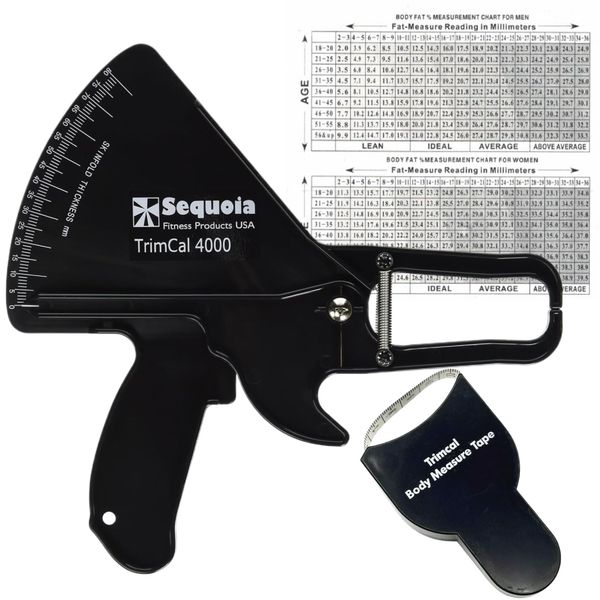 Sequoia Trimcal 4000 Body Fat Caliper with Tape Measure - Precision (Dual-Sided Design) for Fitness Tracking - Color Black & Black