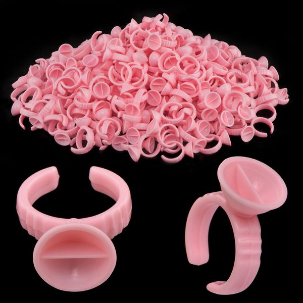 Beauty Junko [300PCS] Eyelash Extension 2 Slot Glue Ring, Lash Glue Holder Cup, Tattoo Ink Ring Cup, Pigment Ring Holder, Nail Art Ring, Lash Extensions Supplies and Accessories (2 Slot Ring Pink)