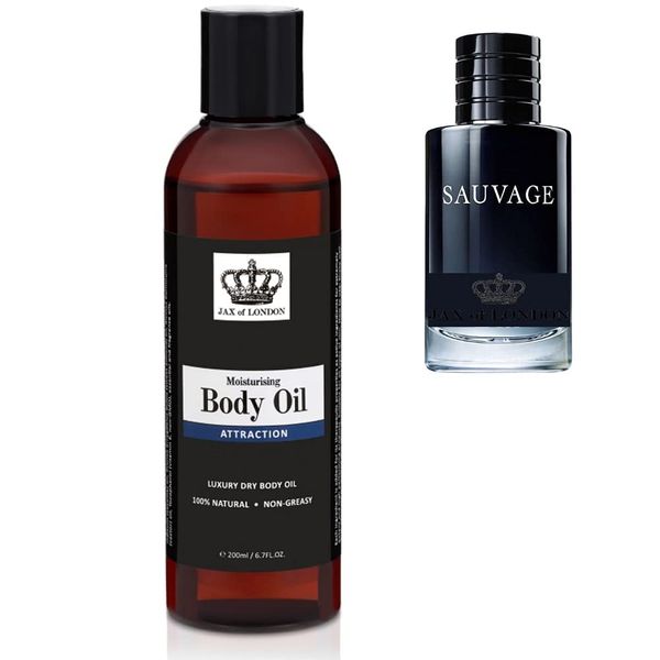 Jax of London 200ml Attraction Body Oil for Men, Inspired Body Oil, Moisturising Massage Oil for Skin, Body Oil for Dry Skin, Suitable for Massage, Firming, Stretch Marks, Aromatherapy, & Relaxation