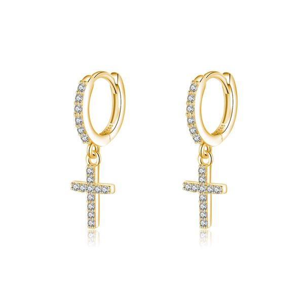 SLUYNZ Solid 925 Sterling Silver Cross Hoop Earrings for Women Small CZ Hoop Earrings Huggie Drop (B-Gold Plated)