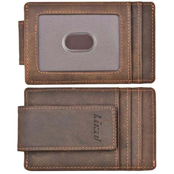 kinzd Money Clip, Front Pocket Wallet, Leather RFID Blocking Strong Magnet thin Wallet (Crazy Horse dark brown)