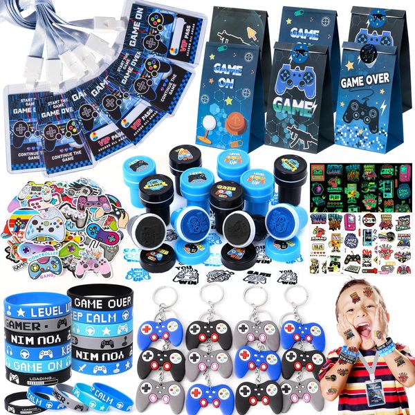 Tacobear 122pcs Video Game Party Bag Fillers Gaming Party Favors Silicone Bracelet Keychains Party Bags Stamp Luminous Tattoo Sticker VIP Pass Tickets Birthday Party Supplies Pinata for Boys Kids