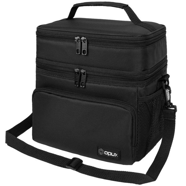 opux Insulated 2 Deck Lunch Bag for Men Women, Large Dual Compartment Cooler Bag for Work School Picnic, Leakproof with Strap for Kid Adult (Black)