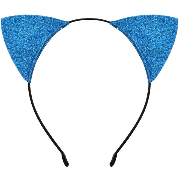 Cat Ears Headband for Women Girls - Cute Sparkle Glitter Hairband Halloween Cosplay Cat Costume Hair Accessories for Adult Kids Birthday Daily Wear Blue