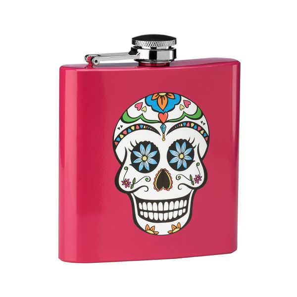 Hip Flask Skull Design/Stainless Steel/Pink Finish 6oz