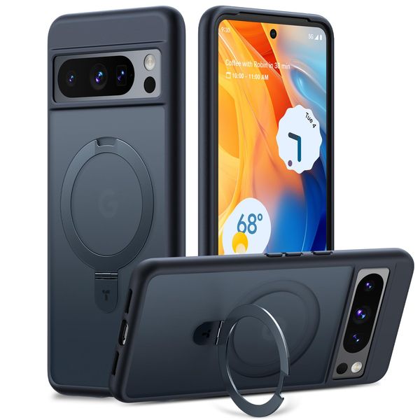 TORRAS Google Pixel 8 Pro Case, Multi-functional Stand, Compatible with MagSafe, Halbach Magnet, Both Vertical and Horizontal, Shockproof, Translucent, Ring Included, Wireless Charging, Matte Feel,