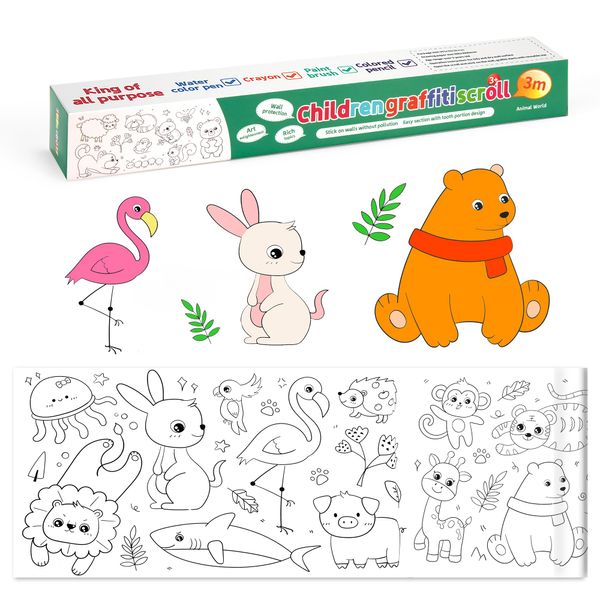 Drawing Paper Roll Kids Graffiti Scroll Coloring Paper Roll DIY Cut and Paste Painting Paper for Kids Girls Boys 30 * 300cm (Animal World)