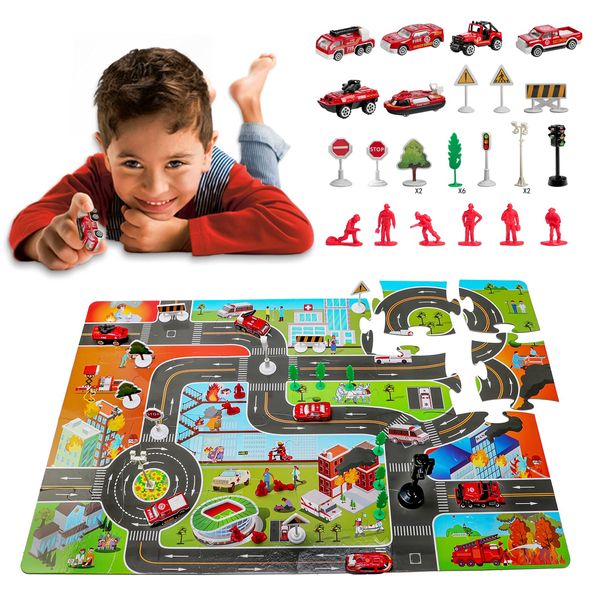 Rindo Select, Floor Puzzle for Kids Ages 3-8 with Die-cast Fire Rescue Vehicle Toys Playset, 24 Pieces 35In x 23In, Educational Learning Gifts Boys & Girls