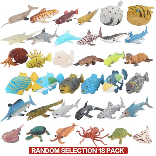 18 Pack Assorted Ocean Animal, Stretchy and Floating Rubber sea Animals Toy Set, Mini Realistic Under The Sea Life Figure for Toddler Bath Bathtub, Shark Octopus Fish Toys Bulk for Kid Party