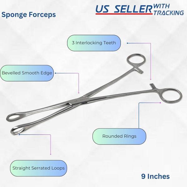 FOERSTER SPONGE HOLDING SURGICAL DENTAL VETERINARY SERATTED FORCEPS CLAMP STR 9"