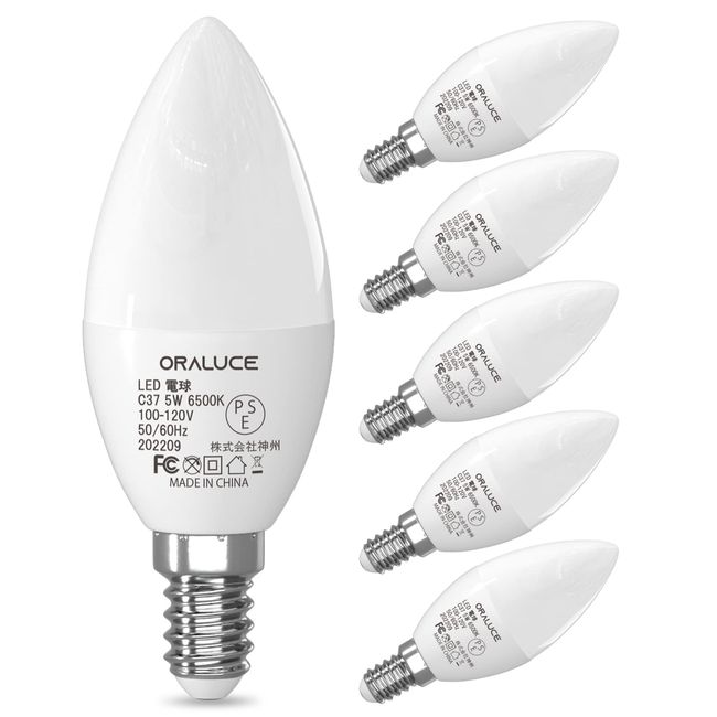 ORALUCE LED Chandelier Bulb, E12 LED, 40W Equivalent, Daylight, 6500K, 5W, 450lm, Candelabra Bulb, High Brightness, Energy Saving, Compatible with Enclosed Fixtures Non-Dimmable, 6 Pack