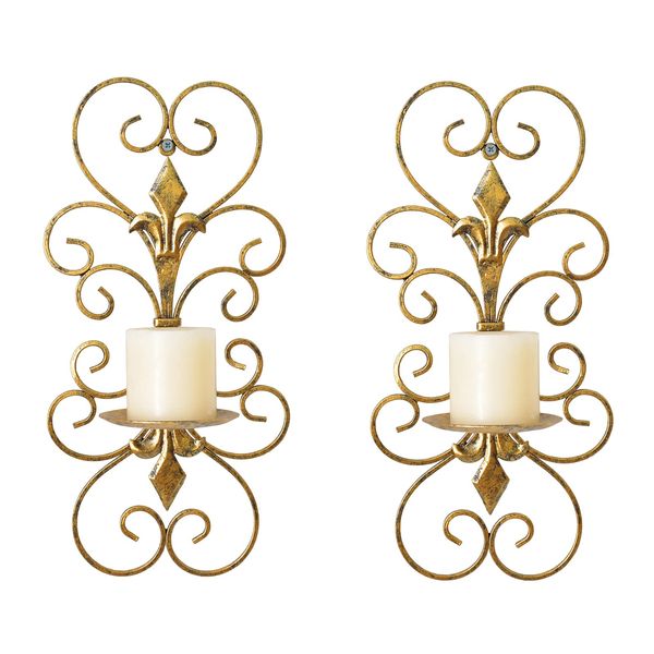 JUCONSIN Set of 2 Wall Sconces Candle Holders Metal Wall Decoration Hanging Wall Mounted Candle Sconces for Home Decor Bedroom Dining Room, Gold