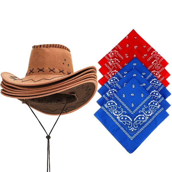 SATINIOR 6 Set Western Cowboy Hat with Bandanna Cowboy Party Hats Bandannas Pack Western Faux Felt Farmer Hat for Halloween Christmas Carnival Costume Accessories Cosplay Fancy Dress Party Favorite