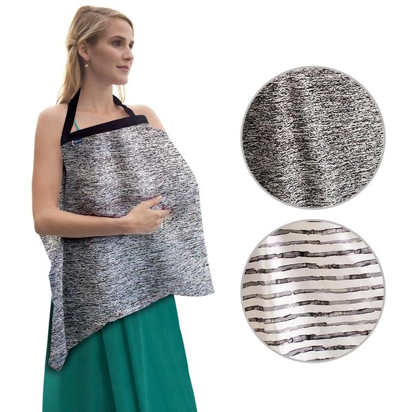 Bebe au Lait Zip & Switch Nursing Cover- Premium Cotton Breastfeeding Cover for Mom, Privacy Nursing Cover for Breastfeeding,Breathable Nursing Cover Up, One Size Fits All -Grey & Stripes (Pack of 2)