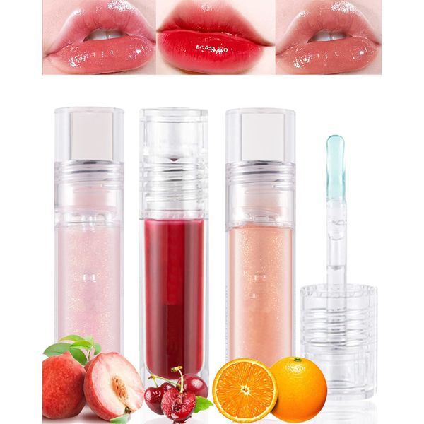 3Pcs Hydrating Lip Glow Oil, Moisturizing Lip Oil Gloss Transparent Toot Lip Oil, Non-sticky Plumping Lip Oil Tinted Clear Lip Gloss, Nourishing Repairing Reducing Lip Lines Lip Product for Girl-Set A