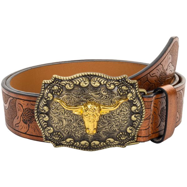 INOGIH Men-Western-Cowboy-Leather-Buckle-Belts-with-Longhorn-Bull-Floral-Engraved-Belt-Buckle-for-Jeans 33" to 42" Waist