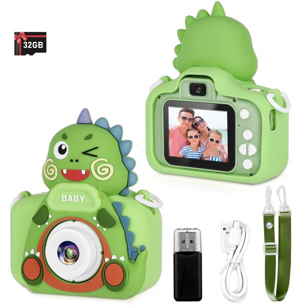 Zeacool Kids Camera,HD Digital Video Camera,Childrens Toys for 3 4 5 6 7 8 9 Year Old Boys/Girls,Selfie Camera for Kids,Christmas Birthday Gifts with 32GB SD Card (Dinosaur Green)