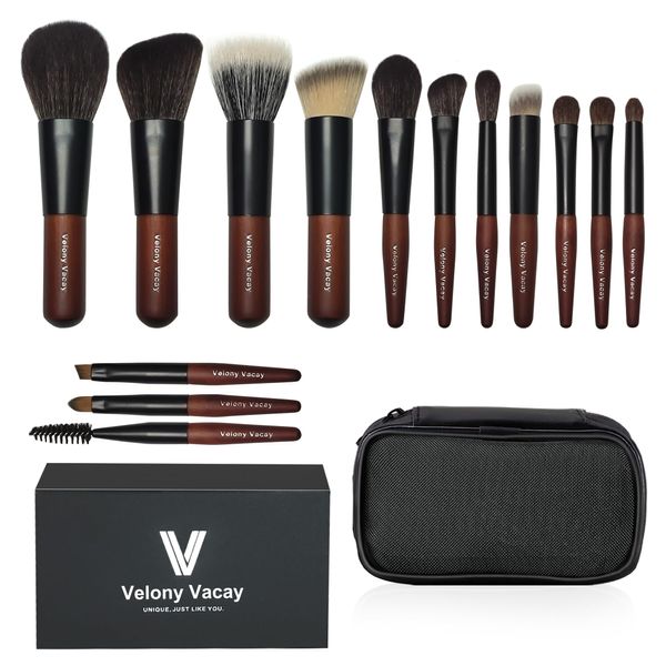 Velony Vacay Reise-Make-up-Pinsel-Set, 14-teilig, Mini-Make-up-Pinsel aus synthetischem und natürlichem Haar, Reisepinsel für Foundation, Lidschatten, Rouge, Puder, Highlight, Kontur und Concealer,