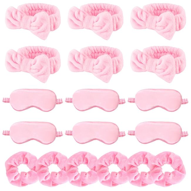 WHAVEL 18 Pcs Sleepover Party Supplies for Girls - Pink Party Favors Include 6 Spa Headband, 6 Silk Eye Mask and 6 Velvet Scrunchies for Spa Birthday, Bachelorette Party, Slumber Wedding (Pink)