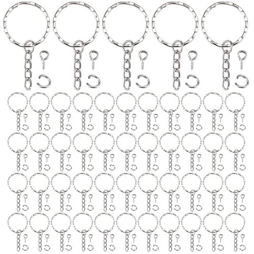 LEEQ 50 Pieces Key Ring Key Chain Rings Split Keyrings with Link Chain, 50 Pieces Open Jump Rings and 50 Pieces Screw Eye Pins for Crafts（25 mm Diameter）