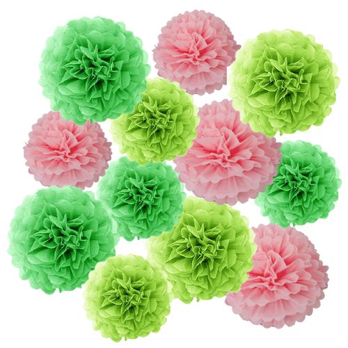 Aimto 12pcs Green Light Green and Pink Paper Pom Poms Decorations for Party Ceiling Wall Hanging Tissue Flowers Decorations - 3 Colors of 12 Inch, 10 Inch